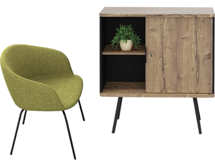 chaise verte et meuble en bois